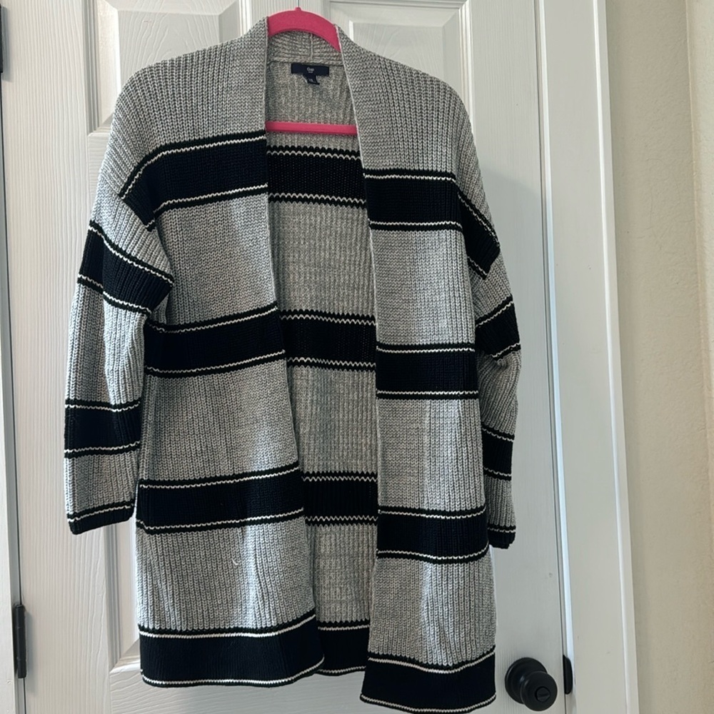 Gap Women's 100% Cotton Textured Black and Grey Striped Open Front Cardigan